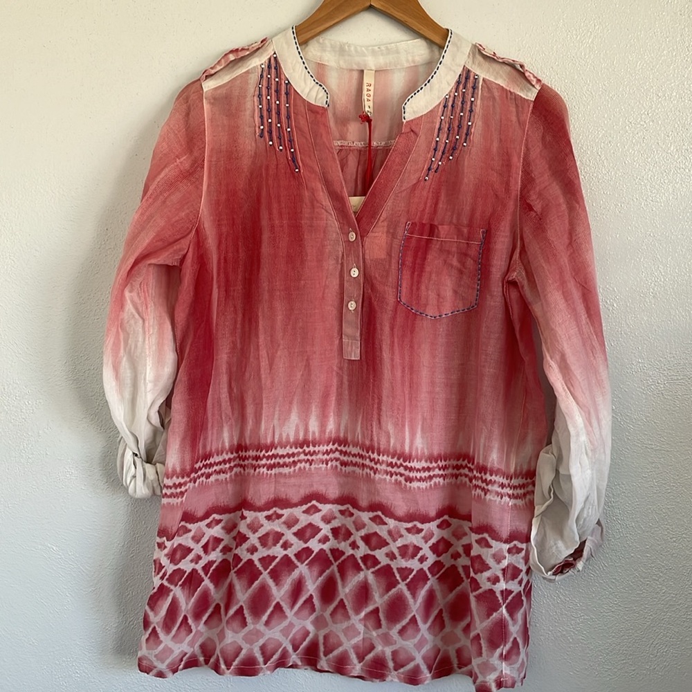 Raga Mandarin V Pink Ivory Print Beads Lightweight Button Up Top Blouse Small‎